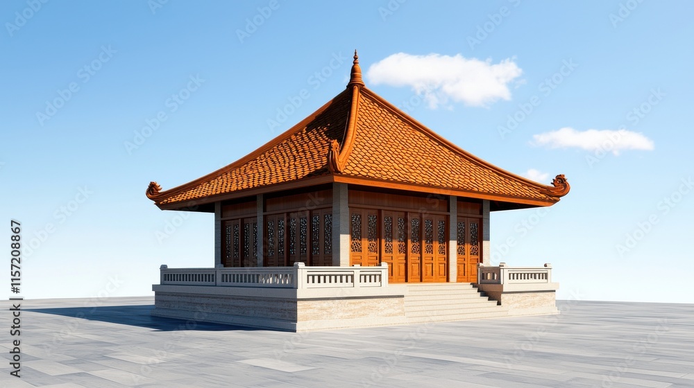 Ornate Oriental Pavilion with Traditional Tiled Roof and Peaceful Sky Backdrop Ornate Oriental Pavilion with Traditional Tiled Roof and Peaceful Sky Backdrop