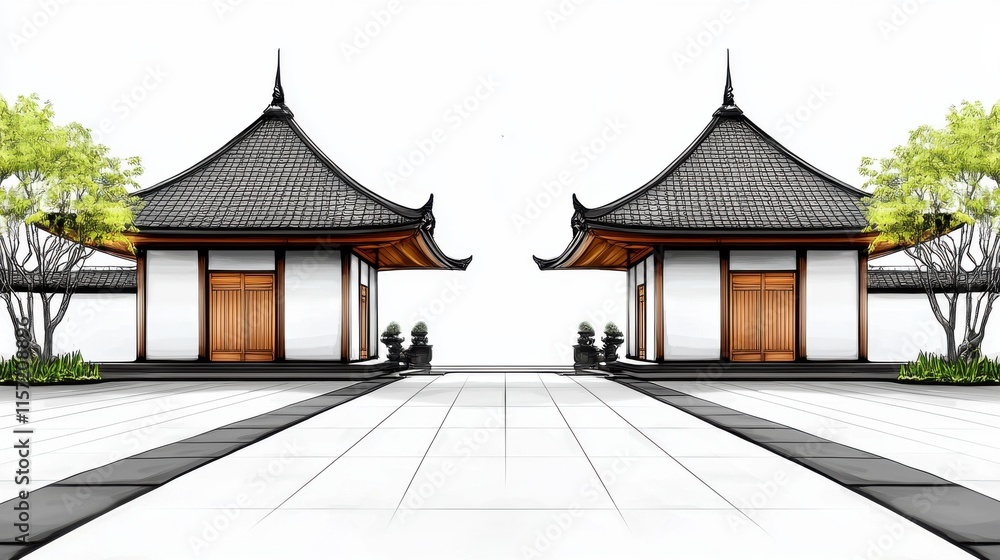 Fototapeta premium Serene Japanese Pagoda Temples in Lush Botanical Garden Landscape