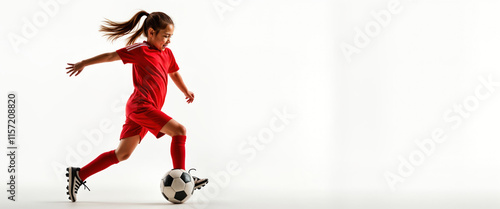 Young girl athlete in red sports uniform plays soccer. Girl kicks soccer ball in dynamic action. Studio shot on white background. Active, energetic sports fashion for children. Photo for sport photo