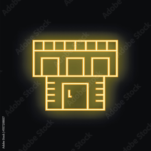 Yellow glowing neon icon representing self storage building with multiple storage units on black background