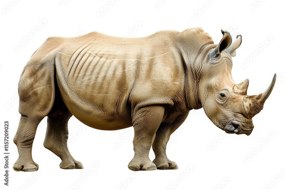 A realistic depiction of a rhinoceros showcasing its unique features and textures. isolated on white background A realistic depiction of a rhinoceros showcasing its unique features and textures. isolated on white background