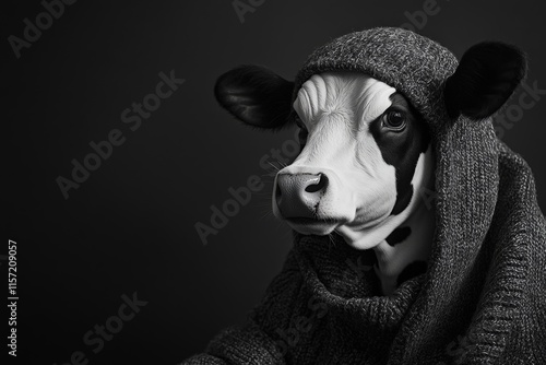 A black and white cow is elegantly dressed in a knitted sweater and poses gracefully in a monochrome photo studio giving off a chic and sophisticated ambiance. photo