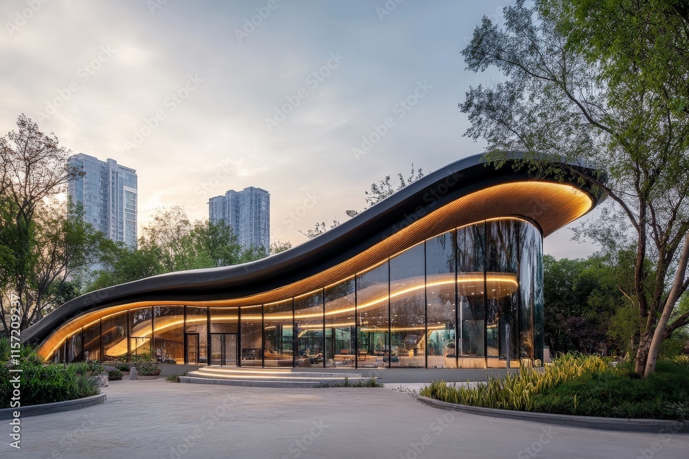 Fototapeta premium An impressive, smooth design building featuring a wavy glass facade, surrounded by urban elements, mirroring natural light and city reflections in a striking panorama.