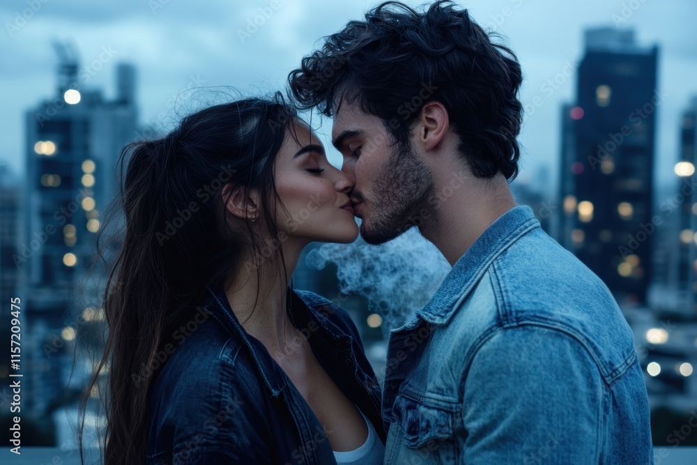 Fototapeta premium Capture the essence of urban romance with this tender forehead kiss against a glowing cityscape at night Discover a loving couple sharing an intimate moment with a backdrop of city lights