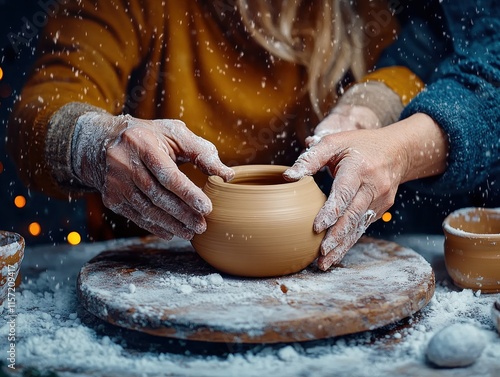 Capture the essence of unity and love as a couple molds clay, hands intertwined, in a beautiful display of connection and artistic expression This tactile pottery experience showcases the deep bond photo