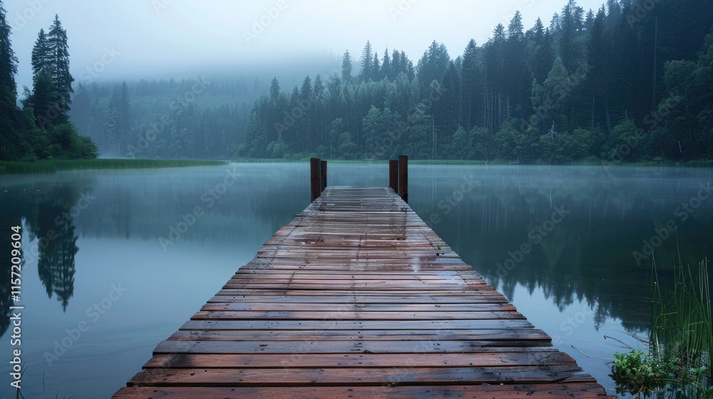 Fototapeta premium A wooden pier extending into a softly lit lake surrounded by forest
