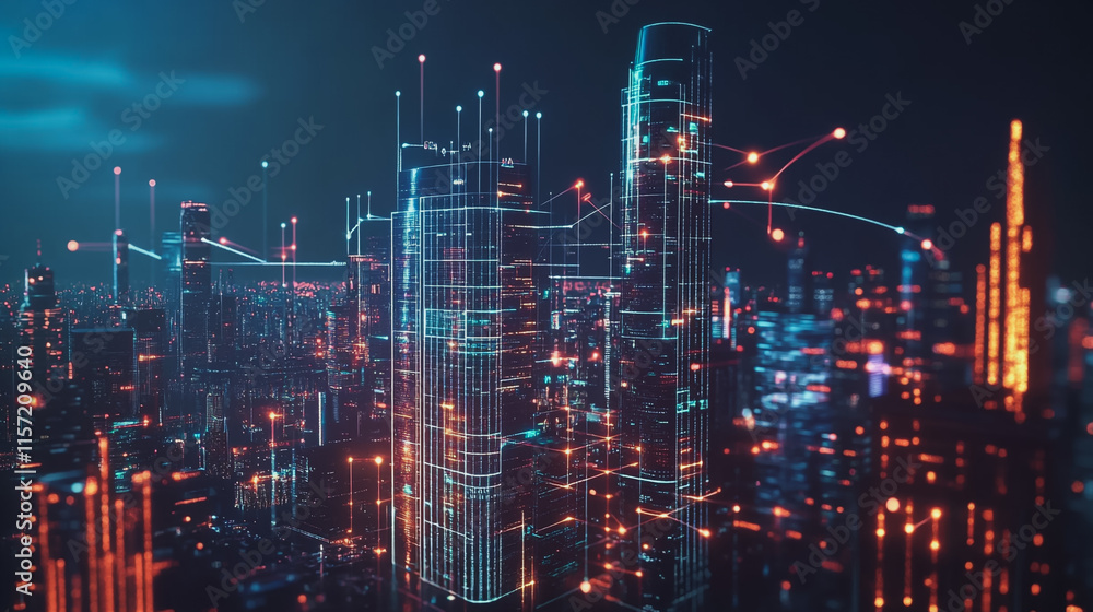 Fototapeta premium Smart digital Innovation city with connection network reciprocity over the cityscape. of future smart wireless digital city and social media networking systems that connects people with in city
