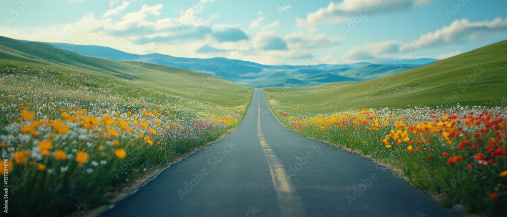 Fototapeta premium Cinematic perspective of a road weaving through a vibrant field of wildflowers