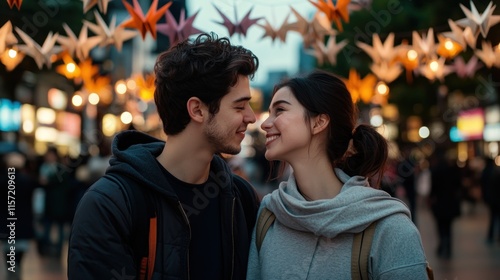 Capture the magic of love and celebration with this enchanting image featuring a couple surrounded by colorful paper cranes, symbolizing wishes and deep sentiment in a vibrant festival setting photo