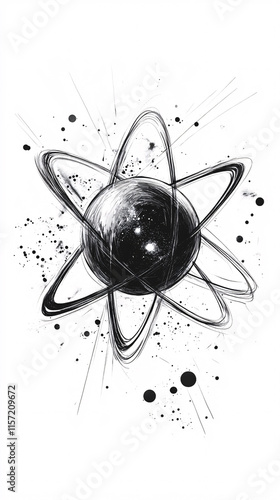 Abstract Black-and-White Artwork Featuring Atomic and Nuclear-Inspired Designs with Swirling Lines and Energetic Splashes photo