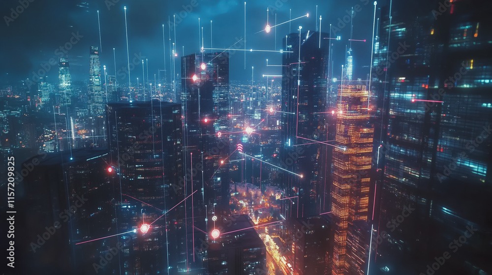 Fototapeta premium Smart digital Innovation city with connection network reciprocity over the cityscape. of future smart wireless digital city and social media networking systems that connects people with in city