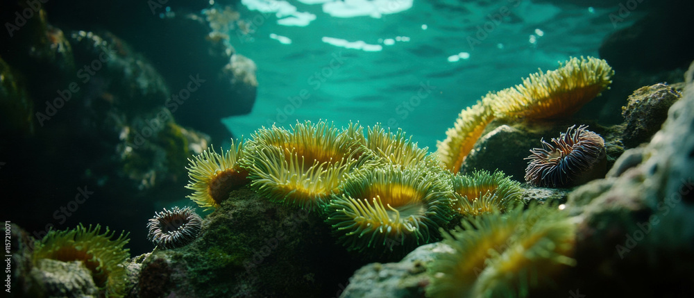 Obraz premium Cinematic view of rocky seabed showcasing vibrant anemones and sea urchins in natural habitat