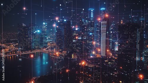 Wallpaper Mural Smart digital Innovation city with connection network reciprocity over the cityscape. of future smart wireless digital city and social media networking systems that connects people with in city Torontodigital.ca