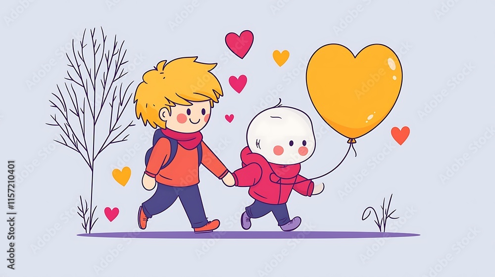Two cute cartoon boys holding hands, walking in park with heart-shaped balloon. Two cute cartoon boys holding hands, walking in park with heart-shaped balloon.
