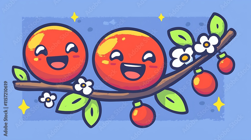 Obraz premium Two happy cartoon cherries on a branch with blossoms.