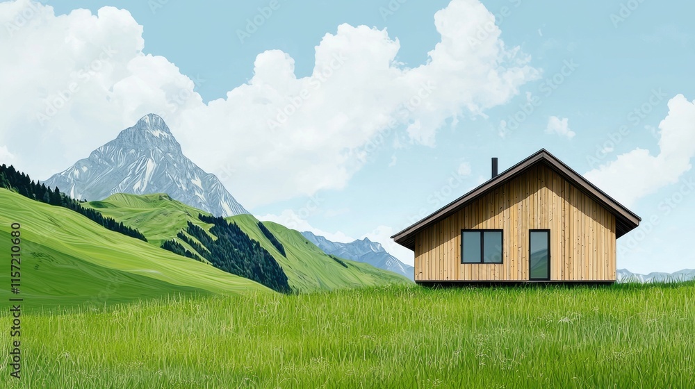 Cozy Wooden Cabin Nestled in Idyllic Mountain Landscape with Lush Grasslands and Scenic Vistas Cozy Wooden Cabin Nestled in Idyllic Mountain Landscape with Lush Grasslands and Scenic Vistas