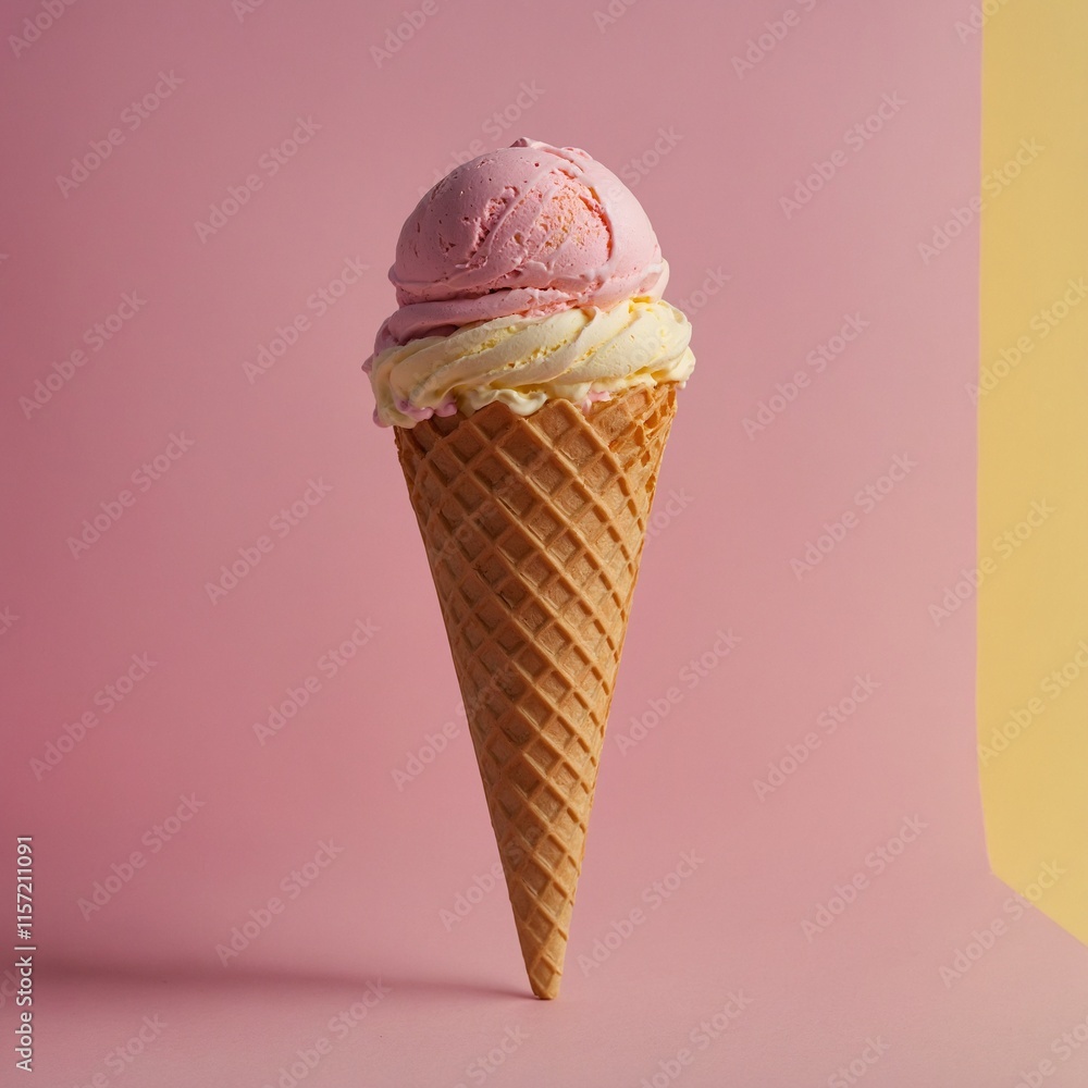 A pastel-themed ice cream cone with two scoops and a waffle cone, set against a gradient background of soft pink and yellow. A pastel-themed ice cream cone with two scoops and a waffle cone, set against a gradient background of soft pink and yellow.