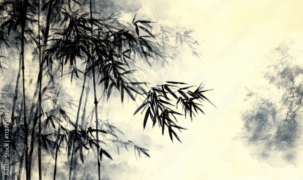 Obraz premium A painting of bamboo trees with a single leaf on the right