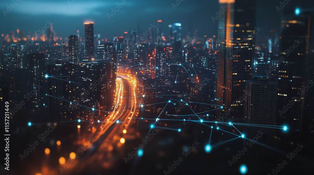 Smart digital Innovation city with connection network reciprocity over the cityscape. of future smart wireless digital city and social media networking systems that connects people with in city Smart digital Innovation city with connection network reciprocity over the cityscape. of future smart wireless digital city and social media networking systems that connects people with in city