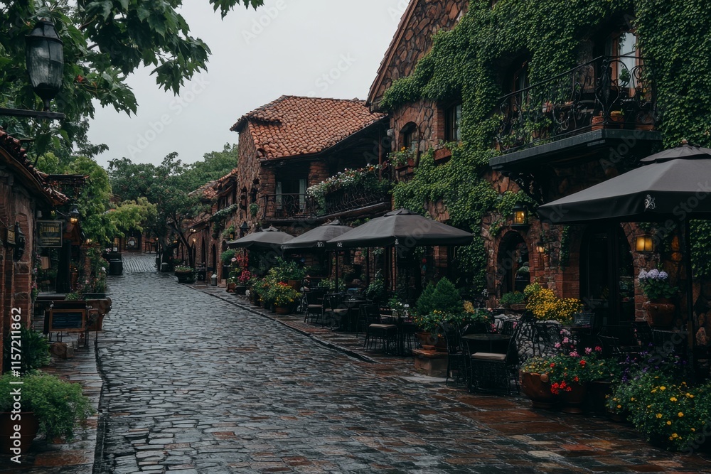 Obraz premium A charming European hotel with wrought iron balconies, ivy-covered walls, and cobblestone streets outside