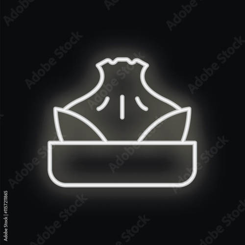 Minimalistic white neon icon of steaming khinkali in a traditional bowl, isolated on black background