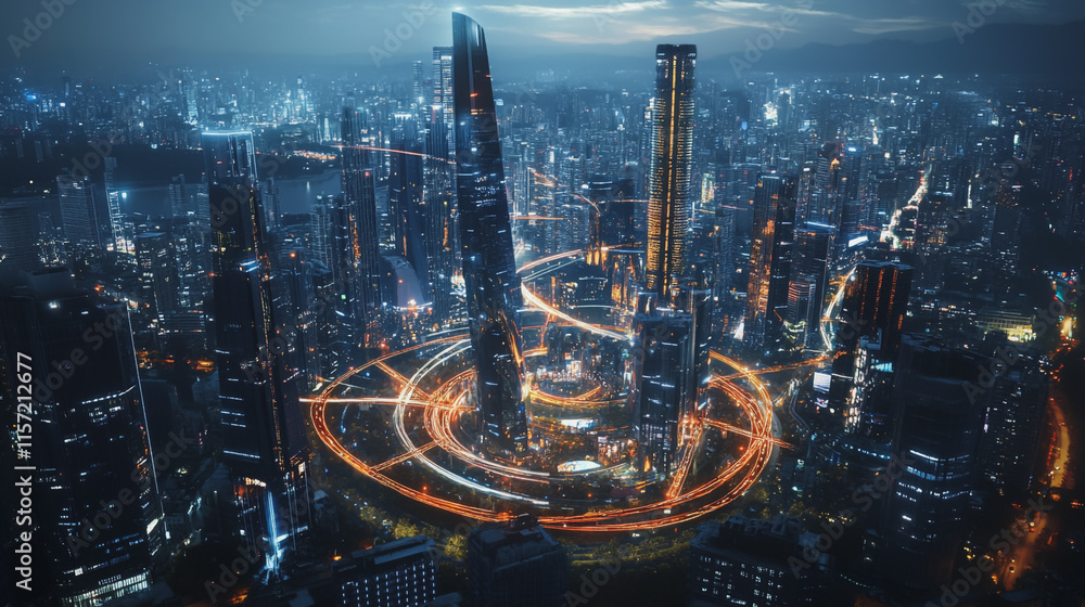 Fototapeta premium Smart digital Innovation city with connection network reciprocity over the cityscape. of future smart wireless digital city and social media networking systems that connects people with in city