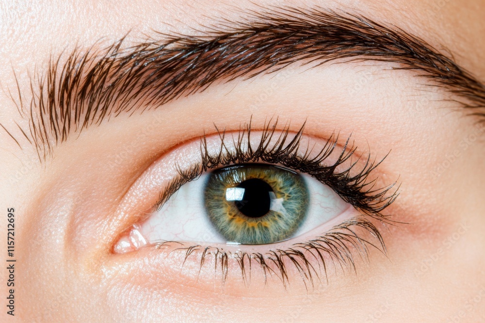 Obraz premium A close-up of a human eye and cheek, with fine details of the eyelashes, pores, and subtle light reflections