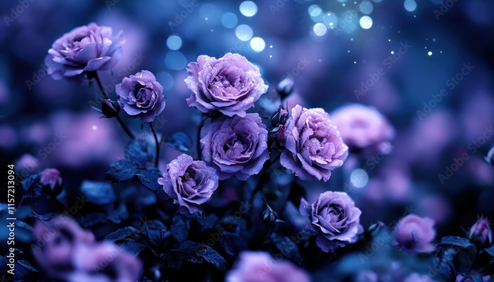 Explore a romantic vignette of roses with a blurred background, capturing their elegance and gentle fragrance in this floral artwork The scene unfolds with delicate purple hues, soft focus effects Explore a romantic vignette of roses with a blurred background, capturing their elegance and gentle fragrance in this floral artwork The scene unfolds with delicate purple hues, soft focus effects