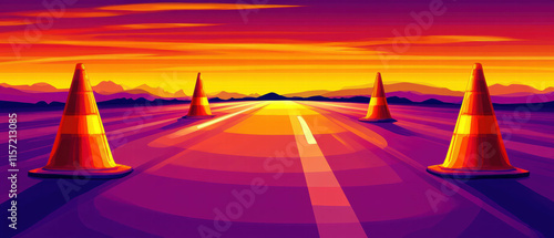 Cartoon vector illustration of a road construction site with safety cones and barriers at sunset photo