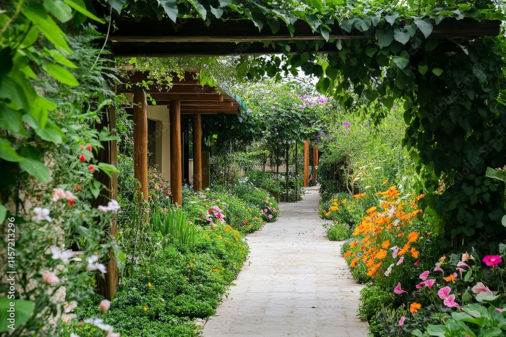 A charming garden pathway is enveloped by profuse and lush greenery, with bursts of colorful blooms, offering a serene and inviting journey through a natural oasis. A charming garden pathway is enveloped by profuse and lush greenery, with bursts of colorful blooms, offering a serene and inviting journey through a natural oasis.