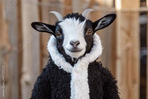 A stylish black and white goat wears a fluffy sweater in a wood-filled backdrop, symbolizing creativity and coziness, juxtaposing pastoral life with fashion. photo