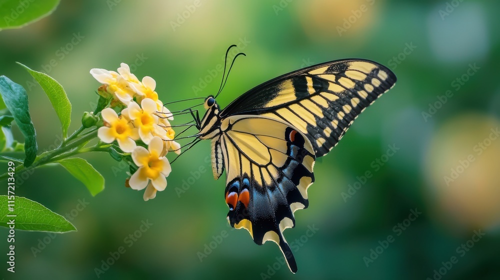 Fototapeta premium Colorful Butterfly Perching on Vibrant Yellow Flower in Lush Greenery