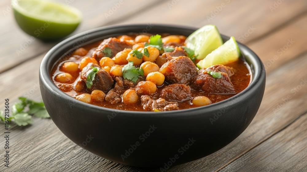 Bowl of Menudo with Fresh Herbs and Lime Wedges Bowl of Menudo with Fresh Herbs and Lime Wedges