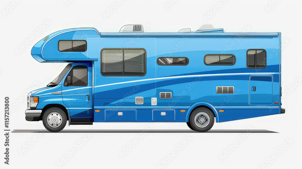 A blue recreational vehicle (RV) designed for travel and leisure. isolated on white background A blue recreational vehicle (RV) designed for travel and leisure. isolated on white background