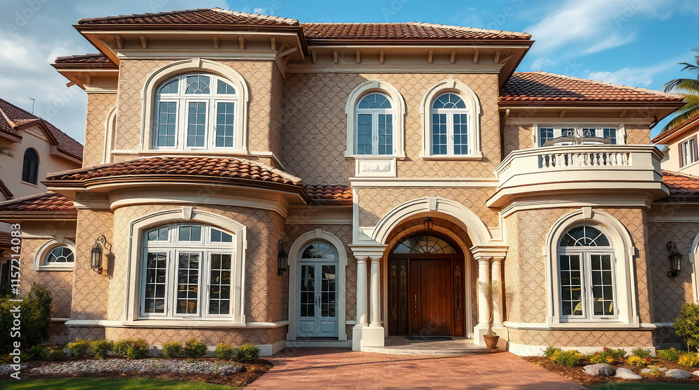 Two-Story Beige House with Arched Windows and Brown Tile Roof Two-Story Beige House with Arched Windows and Brown Tile Roof