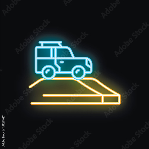 Neon illustration of an off road vehicle with roof rack parked on a ramp with sunset in the background