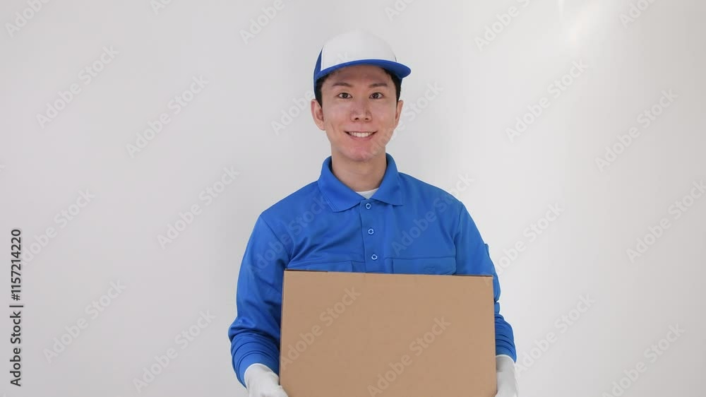 段ボールを笑顔で持つ作業員男性