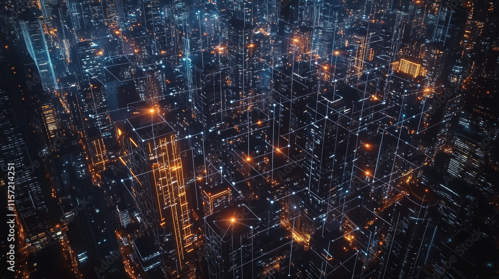 Smart digital Innovation city with connection network reciprocity over the cityscape. of future smart wireless digital city and social media networking systems that connects people with in city