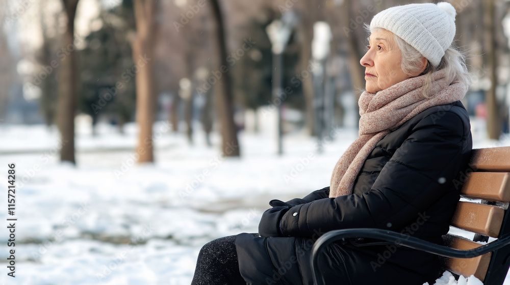 Elderly woman sitting on bench in snowy park during winter afternoon Elderly woman sitting on bench in snowy park during winter afternoon