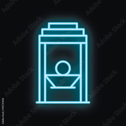 Blue neon icon of a guillotine glowing on a dark background