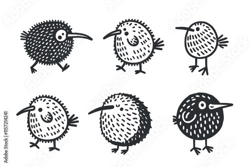 Cute funny kiwi bird in a minimalistic hand drawn icon set, bold lines.

