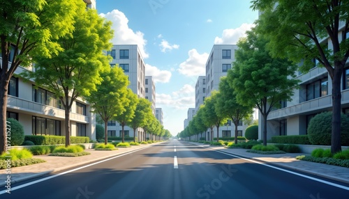 Empty asphalt road extends between modern buildings. Green trees line both sides of road. Sunny daytime scene portrays calm suburban urban landscape. Bright colours, clear sky. Green foliage