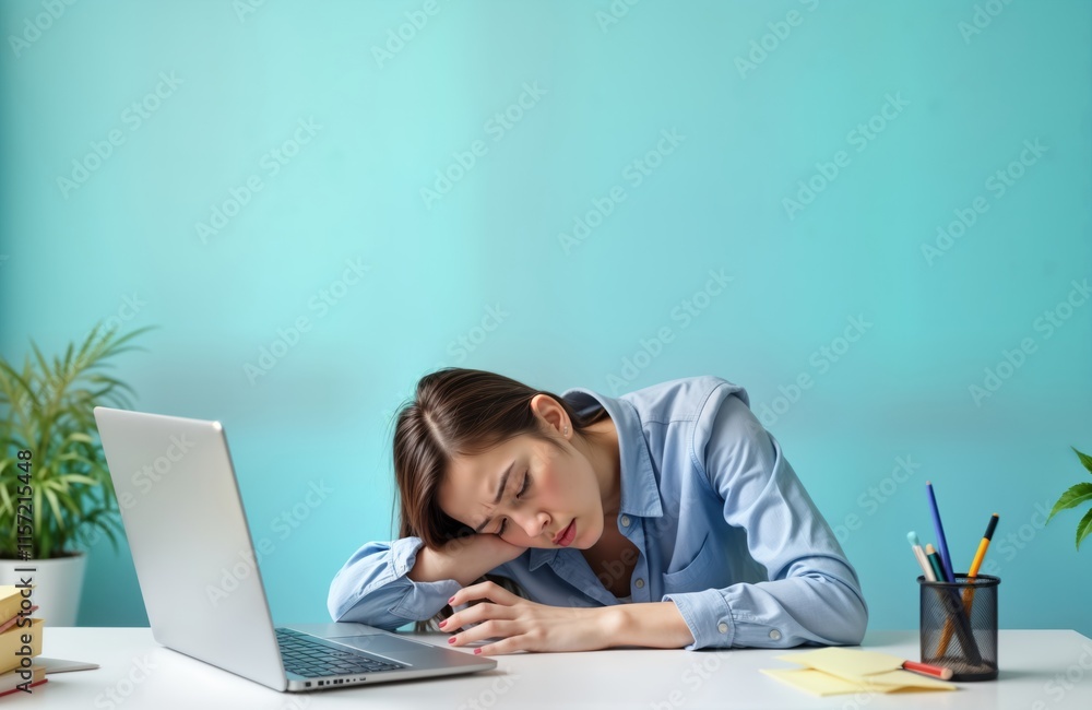 Young woman sits at desk exhausted, sleepy. Resting head on white office desk. Wears casual light blue shirt. Silver laptop in front of. Photo taken in studio against pastel blue background. Shows Young woman sits at desk exhausted, sleepy. Resting head on white office desk. Wears casual light blue shirt. Silver laptop in front of. Photo taken in studio against pastel blue background. Shows