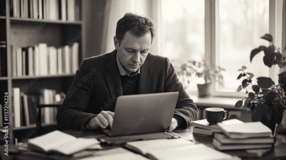 Man working on laptop in a cozy library setting during the day Man working on laptop in a cozy library setting during the day