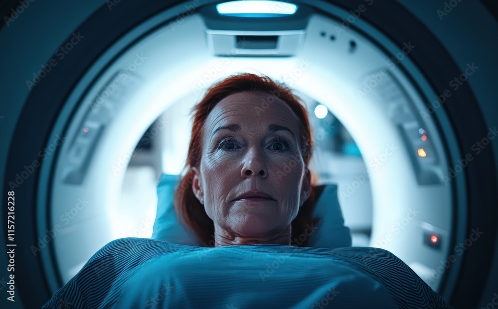 Woman undergoing MRI scan in a medical facility at night Woman undergoing MRI scan in a medical facility at night