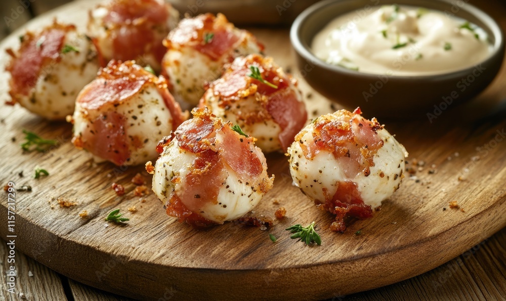 A plate of bacon and cheese balls sits on a wooden table A plate of bacon and cheese balls sits on a wooden table