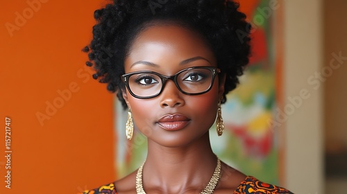 A young woman with short curly hair wearing glasses photo