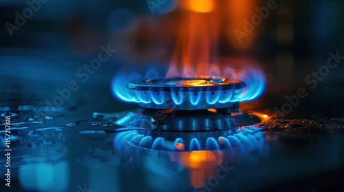 A gas stove burner with a steady, bright blue flame. photo