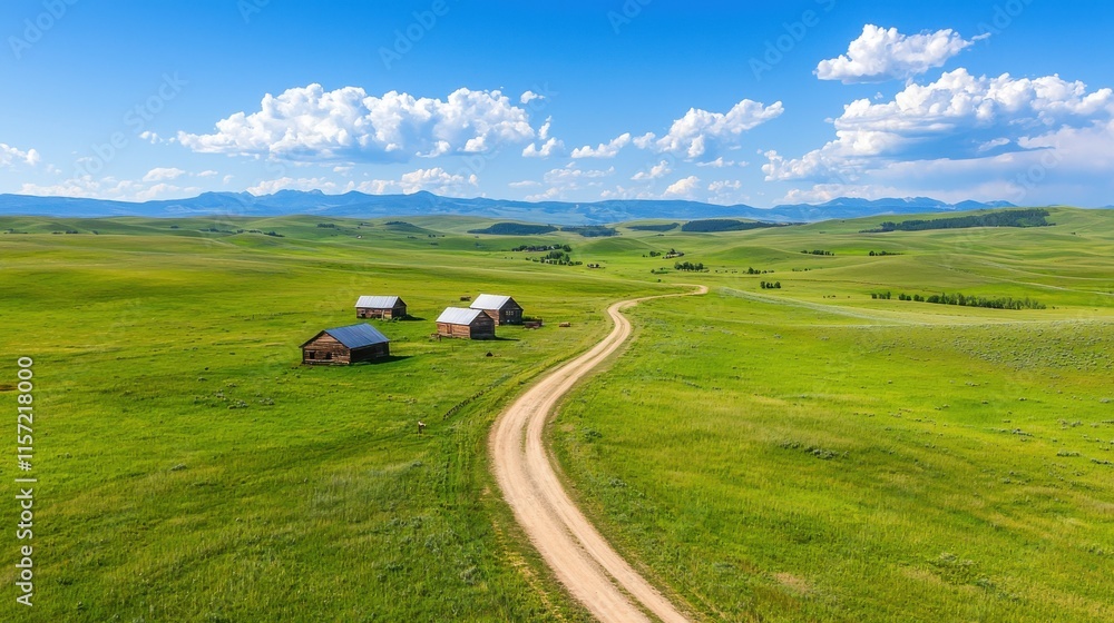 Naklejka premium Scenic Countryside Landscape with Rustic Cabins and Winding Dirt Road