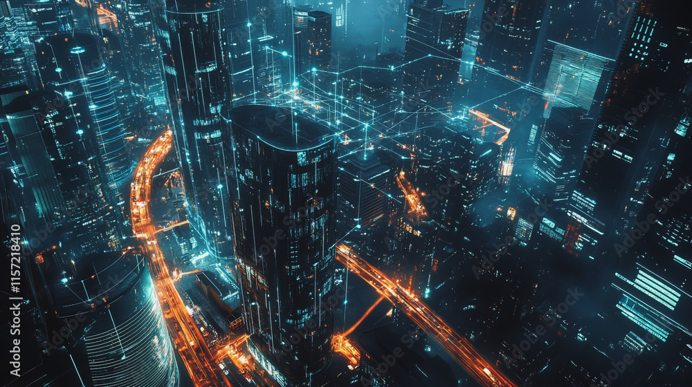 Fototapeta premium Smart digital Innovation city with connection network reciprocity over the cityscape. of future smart wireless digital city and social media networking systems that connects people with in city